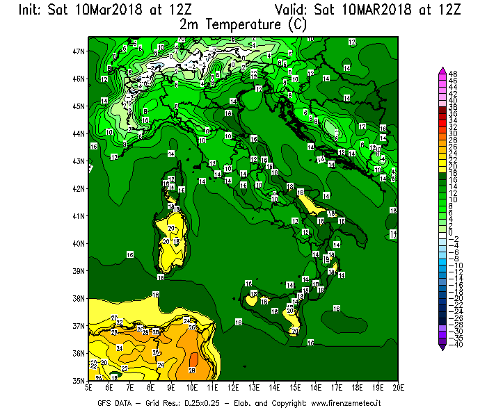 Mappa di analisi GFS - Temperatura a 2 metri dal suolo [°C] in Italia
							del 10/03/2018 12 <!--googleoff: index-->UTC<!--googleon: index-->