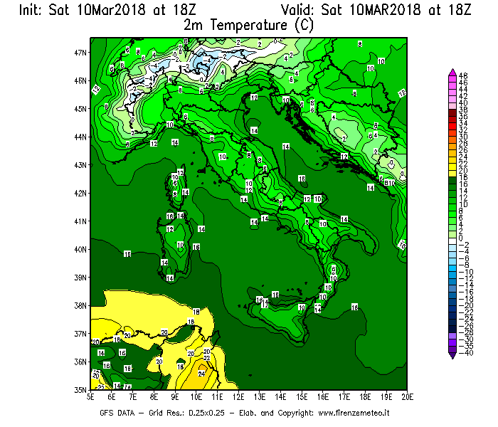 Mappa di analisi GFS - Temperatura a 2 metri dal suolo [°C] in Italia
							del 10/03/2018 18 <!--googleoff: index-->UTC<!--googleon: index-->