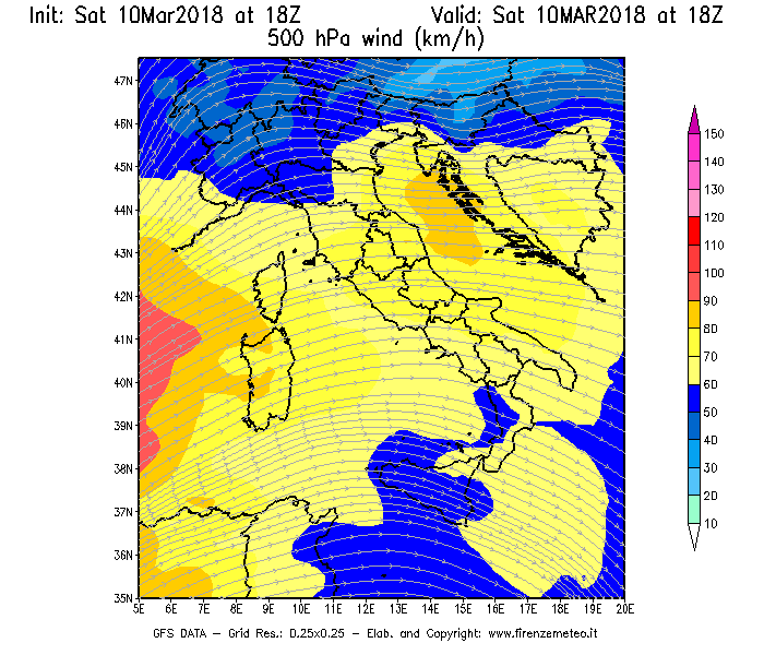 Mappa di analisi GFS - Velocità del vento a 500 hPa [km/h] in Italia
							del 10/03/2018 18 <!--googleoff: index-->UTC<!--googleon: index-->