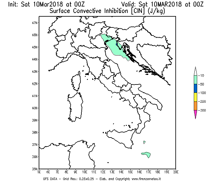 Mappa di analisi GFS - CIN [J/kg] in Italia
							del 10/03/2018 00 <!--googleoff: index-->UTC<!--googleon: index-->