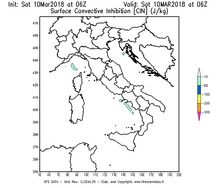 Mappa di analisi GFS - CIN [J/kg] in Italia
							del 10/03/2018 06 <!--googleoff: index-->UTC<!--googleon: index-->