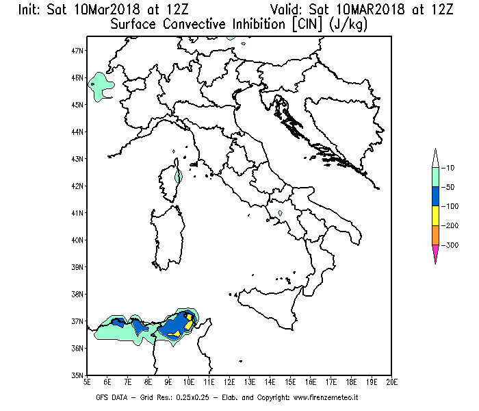 Mappa di analisi GFS - CIN [J/kg] in Italia
							del 10/03/2018 12 <!--googleoff: index-->UTC<!--googleon: index-->