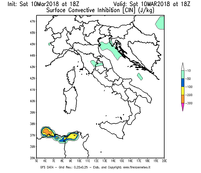Mappa di analisi GFS - CIN [J/kg] in Italia
							del 10/03/2018 18 <!--googleoff: index-->UTC<!--googleon: index-->