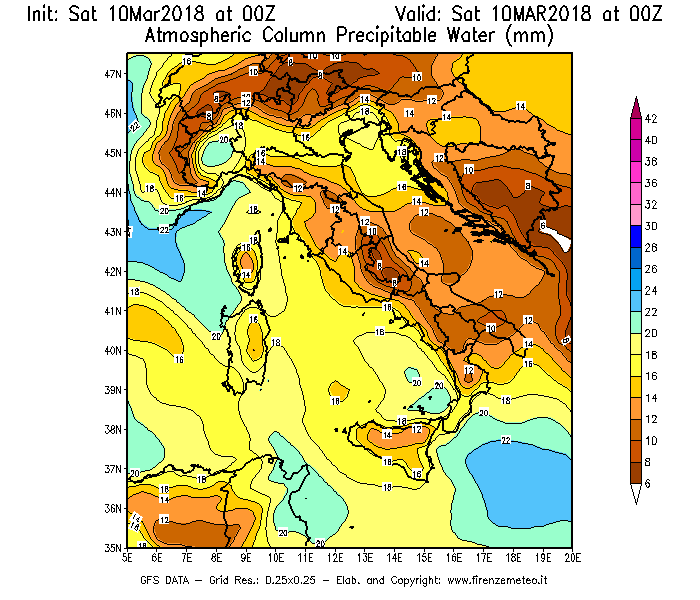 Mappa di analisi GFS - Precipitable Water [mm] in Italia
							del 10/03/2018 00 <!--googleoff: index-->UTC<!--googleon: index-->