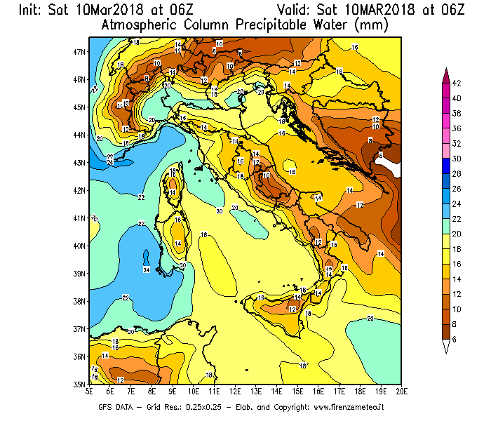Mappa di analisi GFS - Precipitable Water [mm] in Italia
							del 10/03/2018 06 <!--googleoff: index-->UTC<!--googleon: index-->