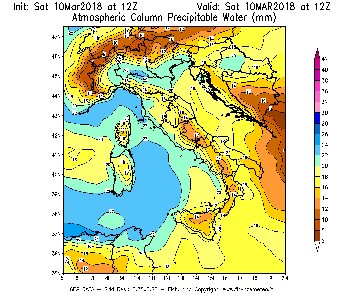 Mappa di analisi GFS - Precipitable Water [mm] in Italia
							del 10/03/2018 12 <!--googleoff: index-->UTC<!--googleon: index-->