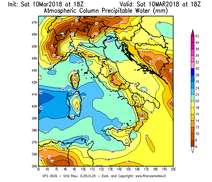 Mappa di analisi GFS - Precipitable Water [mm] in Italia
							del 10/03/2018 18 <!--googleoff: index-->UTC<!--googleon: index-->