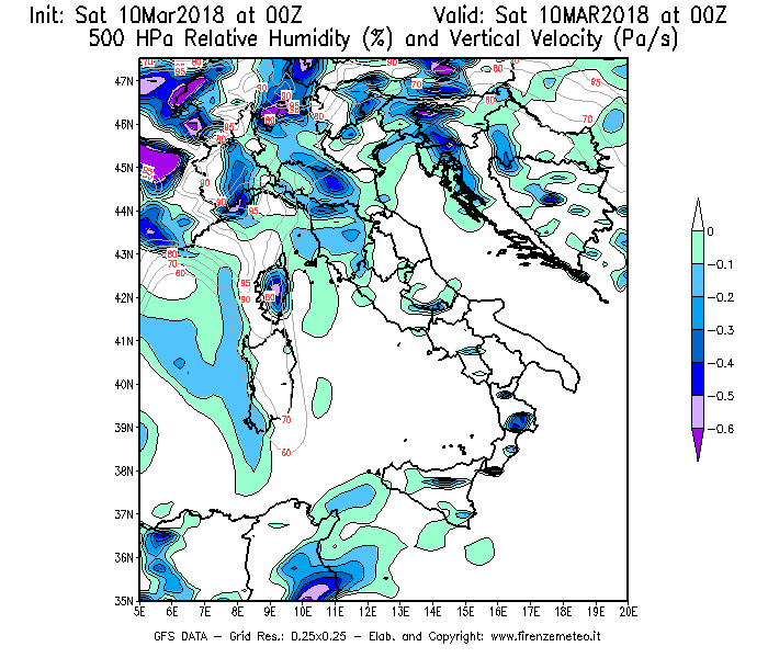 Mappa di analisi GFS - Umidità relativa [%] e Omega [Pa/s] a 500 hPa in Italia
							del 10/03/2018 00 <!--googleoff: index-->UTC<!--googleon: index-->
