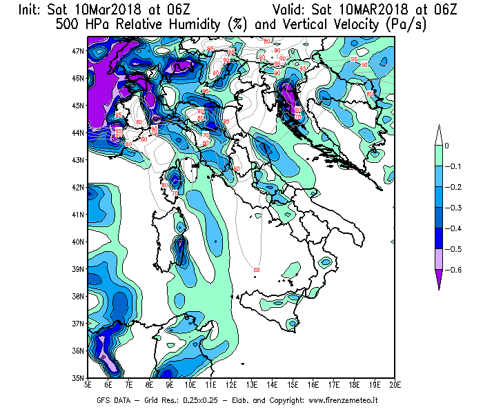 Mappa di analisi GFS - Umidità relativa [%] e Omega [Pa/s] a 500 hPa in Italia
							del 10/03/2018 06 <!--googleoff: index-->UTC<!--googleon: index-->