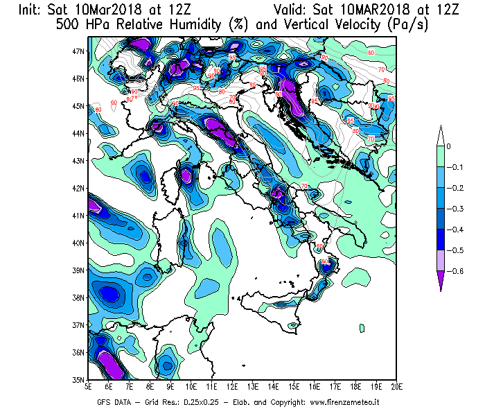 Mappa di analisi GFS - Umidità relativa [%] e Omega [Pa/s] a 500 hPa in Italia
							del 10/03/2018 12 <!--googleoff: index-->UTC<!--googleon: index-->