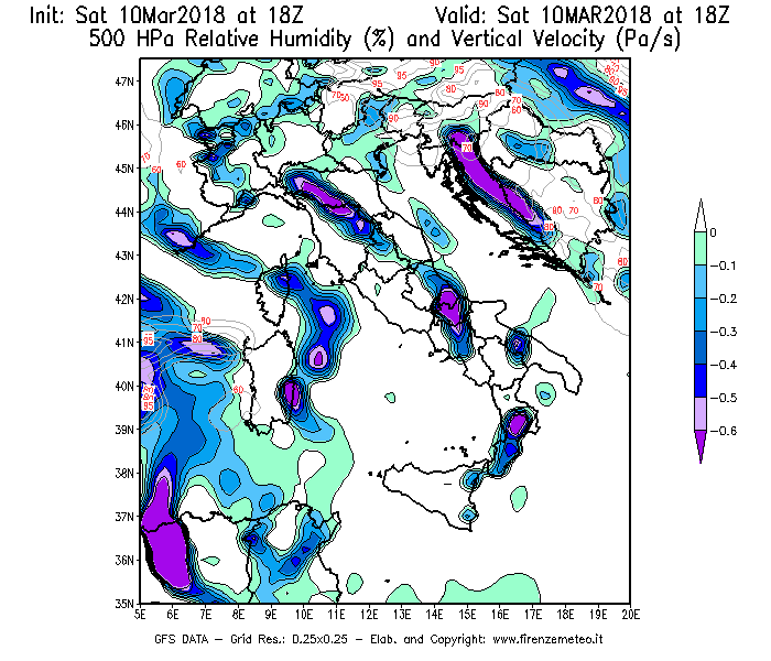 Mappa di analisi GFS - Umidità relativa [%] e Omega [Pa/s] a 500 hPa in Italia
							del 10/03/2018 18 <!--googleoff: index-->UTC<!--googleon: index-->