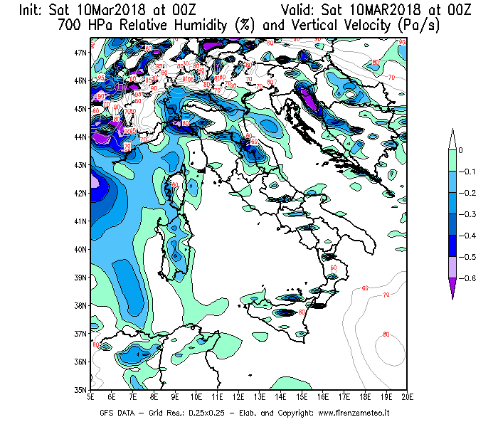 Mappa di analisi GFS - Umidità relativa [%] e Omega [Pa/s] a 700 hPa in Italia
							del 10/03/2018 00 <!--googleoff: index-->UTC<!--googleon: index-->