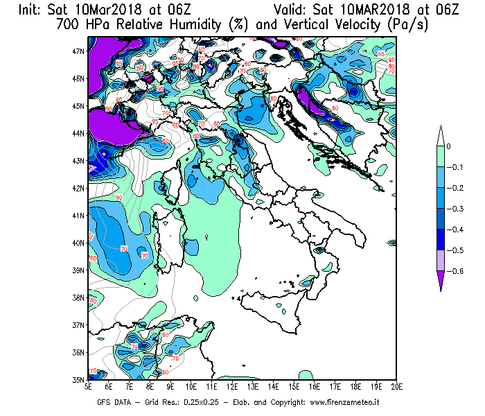 Mappa di analisi GFS - Umidità relativa [%] e Omega [Pa/s] a 700 hPa in Italia
							del 10/03/2018 06 <!--googleoff: index-->UTC<!--googleon: index-->