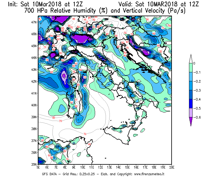 Mappa di analisi GFS - Umidità relativa [%] e Omega [Pa/s] a 700 hPa in Italia
							del 10/03/2018 12 <!--googleoff: index-->UTC<!--googleon: index-->