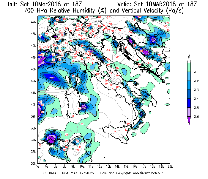 Mappa di analisi GFS - Umidità relativa [%] e Omega [Pa/s] a 700 hPa in Italia
							del 10/03/2018 18 <!--googleoff: index-->UTC<!--googleon: index-->