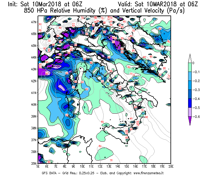 Mappa di analisi GFS - Umidità relativa [%] e Omega [Pa/s] a 850 hPa in Italia
							del 10/03/2018 06 <!--googleoff: index-->UTC<!--googleon: index-->