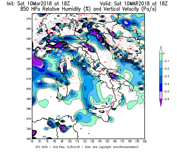 Mappa di analisi GFS - Umidità relativa [%] e Omega [Pa/s] a 850 hPa in Italia
							del 10/03/2018 18 <!--googleoff: index-->UTC<!--googleon: index-->
