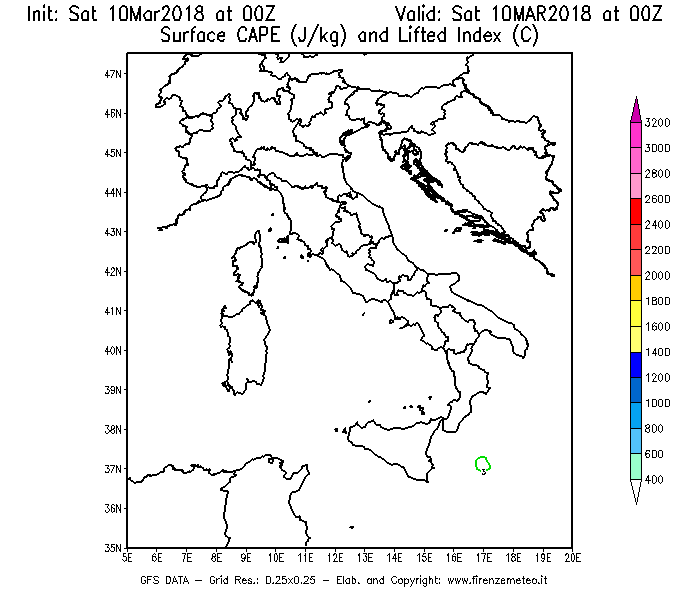 Mappa di analisi GFS - CAPE [J/kg] e Lifted Index [°C] in Italia
							del 10/03/2018 00 <!--googleoff: index-->UTC<!--googleon: index-->