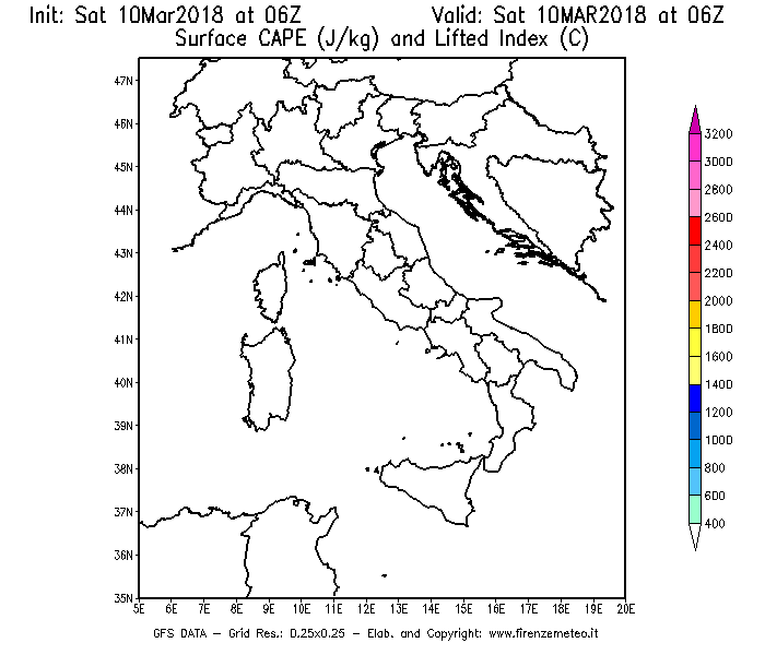 Mappa di analisi GFS - CAPE [J/kg] e Lifted Index [°C] in Italia
							del 10/03/2018 06 <!--googleoff: index-->UTC<!--googleon: index-->
