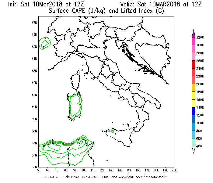 Mappa di analisi GFS - CAPE [J/kg] e Lifted Index [°C] in Italia
							del 10/03/2018 12 <!--googleoff: index-->UTC<!--googleon: index-->