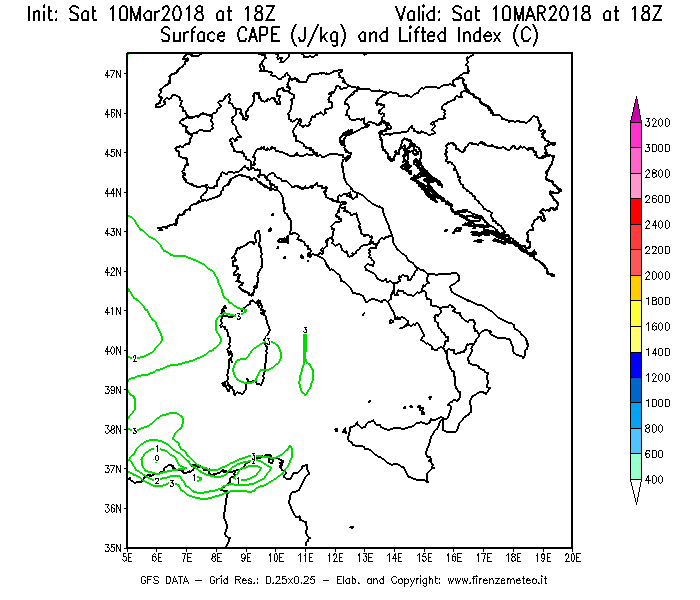 Mappa di analisi GFS - CAPE [J/kg] e Lifted Index [°C] in Italia
							del 10/03/2018 18 <!--googleoff: index-->UTC<!--googleon: index-->