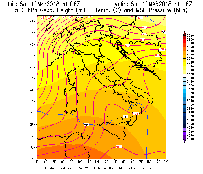 Mappa di analisi GFS - Geopotenziale [m] + Temp. [°C] a 500 hPa + Press. a livello del mare [hPa] in Italia
							del 10/03/2018 06 <!--googleoff: index-->UTC<!--googleon: index-->