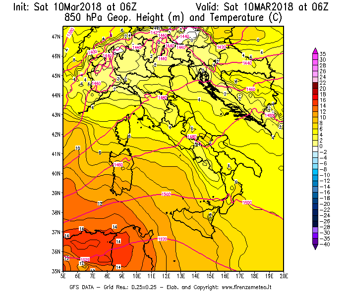 Mappa di analisi GFS - Geopotenziale [m] e Temperatura [°C] a 850 hPa in Italia
							del 10/03/2018 06 <!--googleoff: index-->UTC<!--googleon: index-->