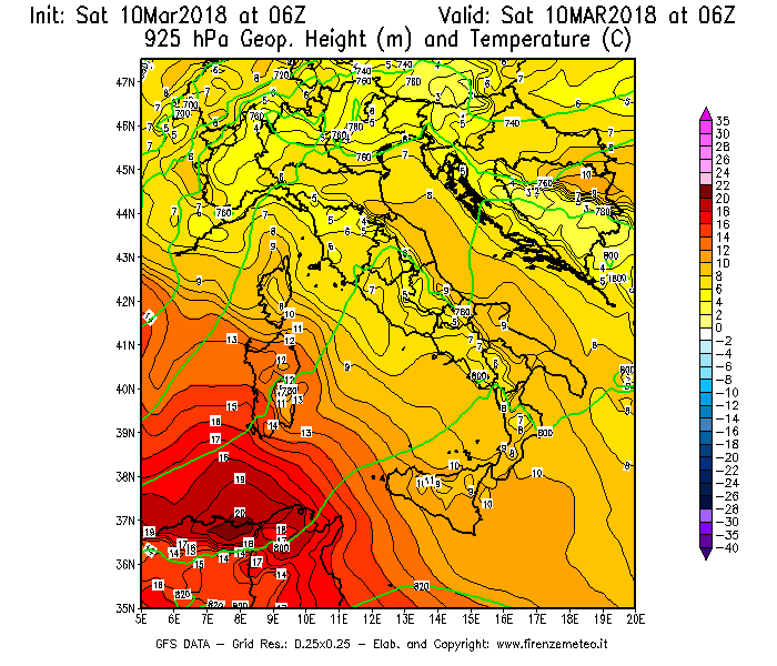 Mappa di analisi GFS - Geopotenziale [m] e Temperatura [°C] a 925 hPa in Italia
							del 10/03/2018 06 <!--googleoff: index-->UTC<!--googleon: index-->