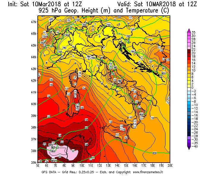 Mappa di analisi GFS - Geopotenziale [m] e Temperatura [°C] a 925 hPa in Italia
							del 10/03/2018 12 <!--googleoff: index-->UTC<!--googleon: index-->