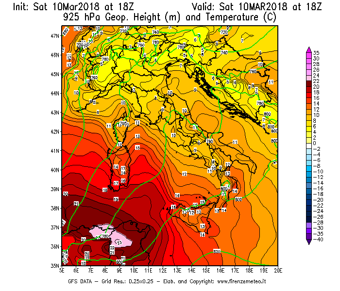 Mappa di analisi GFS - Geopotenziale [m] e Temperatura [°C] a 925 hPa in Italia
							del 10/03/2018 18 <!--googleoff: index-->UTC<!--googleon: index-->