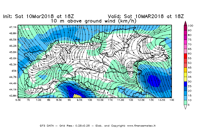 Mappa di analisi GFS - Velocità del vento a 10 metri dal suolo [km/h] in Nord-Italia
							del 10/03/2018 18 <!--googleoff: index-->UTC<!--googleon: index-->