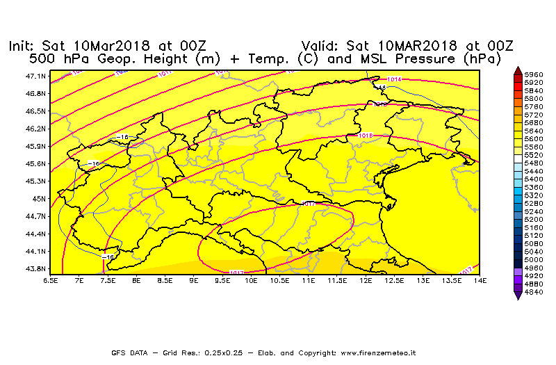 Mappa di analisi GFS - Geopotenziale [m] + Temp. [°C] a 500 hPa + Press. a livello del mare [hPa] in Nord-Italia
							del 10/03/2018 00 <!--googleoff: index-->UTC<!--googleon: index-->