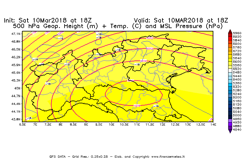 Mappa di analisi GFS - Geopotenziale [m] + Temp. [°C] a 500 hPa + Press. a livello del mare [hPa] in Nord-Italia
							del 10/03/2018 18 <!--googleoff: index-->UTC<!--googleon: index-->