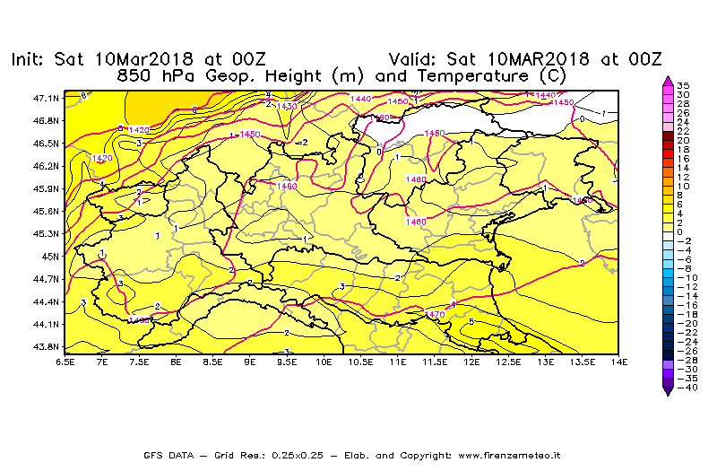 Mappa di analisi GFS - Geopotenziale [m] e Temperatura [°C] a 850 hPa in Nord-Italia
							del 10/03/2018 00 <!--googleoff: index-->UTC<!--googleon: index-->