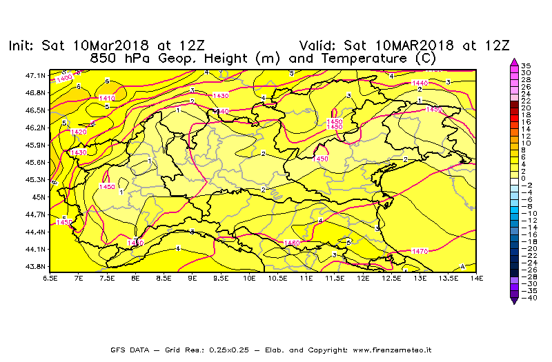 Mappa di analisi GFS - Geopotenziale [m] e Temperatura [°C] a 850 hPa in Nord-Italia
							del 10/03/2018 12 <!--googleoff: index-->UTC<!--googleon: index-->