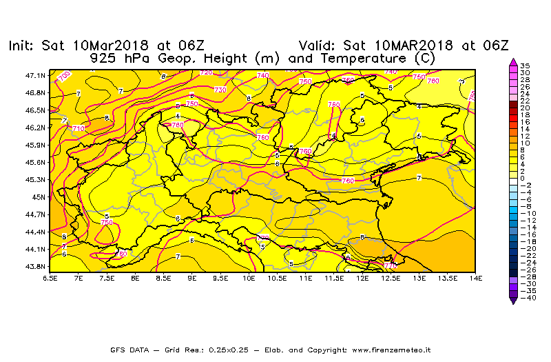 Mappa di analisi GFS - Geopotenziale [m] e Temperatura [°C] a 925 hPa in Nord-Italia
							del 10/03/2018 06 <!--googleoff: index-->UTC<!--googleon: index-->