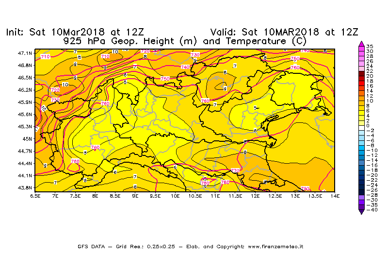 Mappa di analisi GFS - Geopotenziale [m] e Temperatura [°C] a 925 hPa in Nord-Italia
							del 10/03/2018 12 <!--googleoff: index-->UTC<!--googleon: index-->