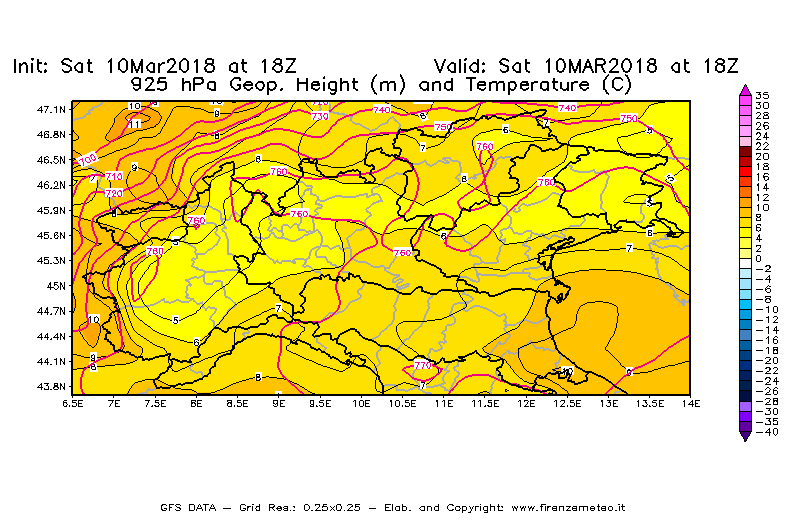 Mappa di analisi GFS - Geopotenziale [m] e Temperatura [°C] a 925 hPa in Nord-Italia
							del 10/03/2018 18 <!--googleoff: index-->UTC<!--googleon: index-->