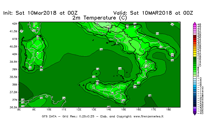 Mappa di analisi GFS - Temperatura a 2 metri dal suolo [°C] in Sud-Italia
							del 10/03/2018 00 <!--googleoff: index-->UTC<!--googleon: index-->