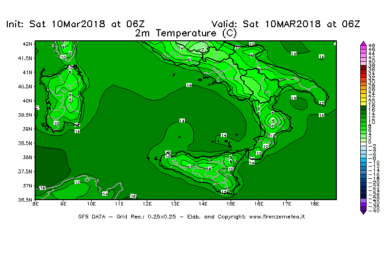 Mappa di analisi GFS - Temperatura a 2 metri dal suolo [°C] in Sud-Italia
							del 10/03/2018 06 <!--googleoff: index-->UTC<!--googleon: index-->