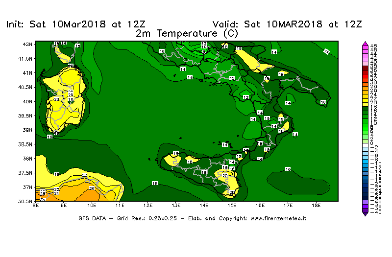 Mappa di analisi GFS - Temperatura a 2 metri dal suolo [°C] in Sud-Italia
							del 10/03/2018 12 <!--googleoff: index-->UTC<!--googleon: index-->