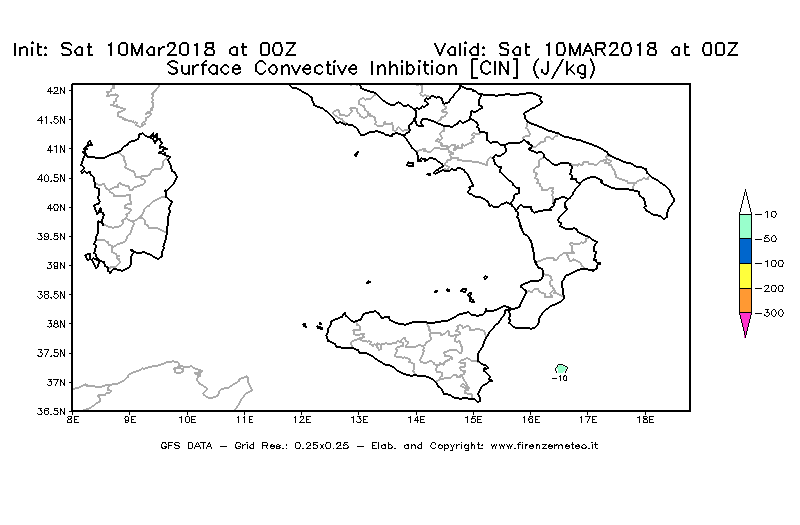 Mappa di analisi GFS - CIN [J/kg] in Sud-Italia
							del 10/03/2018 00 <!--googleoff: index-->UTC<!--googleon: index-->