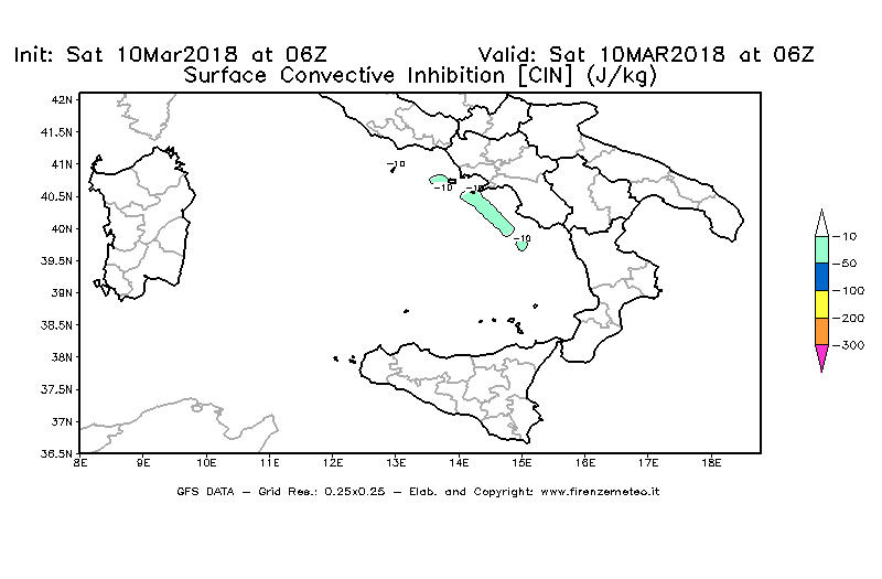 Mappa di analisi GFS - CIN [J/kg] in Sud-Italia
							del 10/03/2018 06 <!--googleoff: index-->UTC<!--googleon: index-->