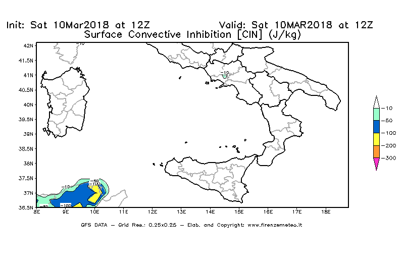 Mappa di analisi GFS - CIN [J/kg] in Sud-Italia
							del 10/03/2018 12 <!--googleoff: index-->UTC<!--googleon: index-->