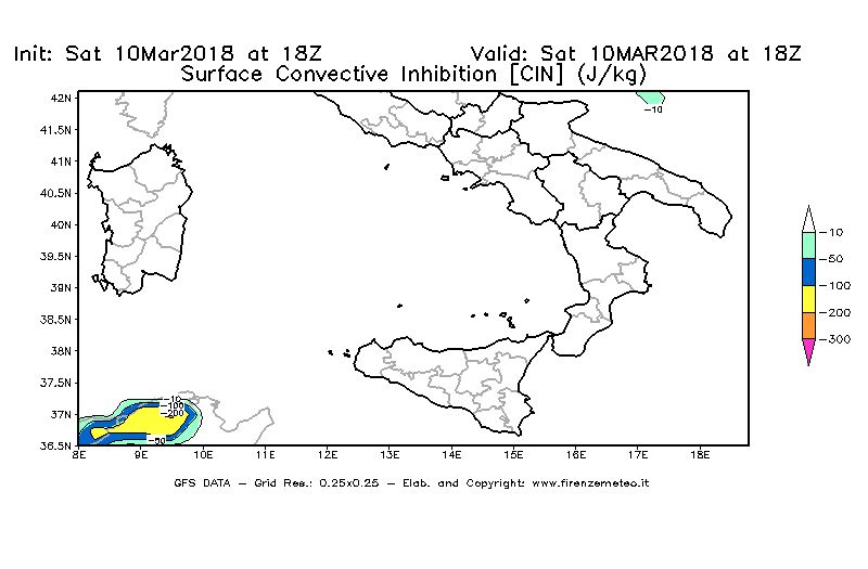 Mappa di analisi GFS - CIN [J/kg] in Sud-Italia
							del 10/03/2018 18 <!--googleoff: index-->UTC<!--googleon: index-->