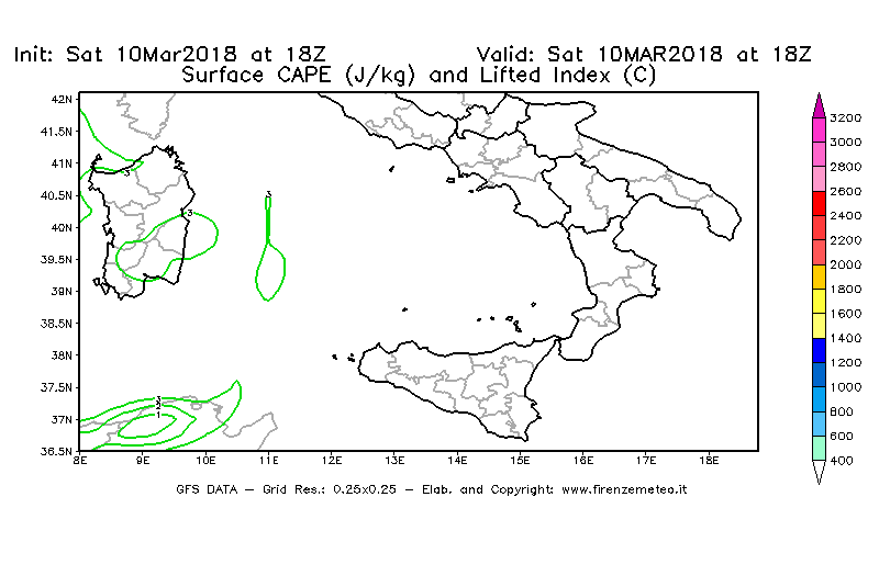 Mappa di analisi GFS - CAPE [J/kg] e Lifted Index [°C] in Sud-Italia
							del 10/03/2018 18 <!--googleoff: index-->UTC<!--googleon: index-->