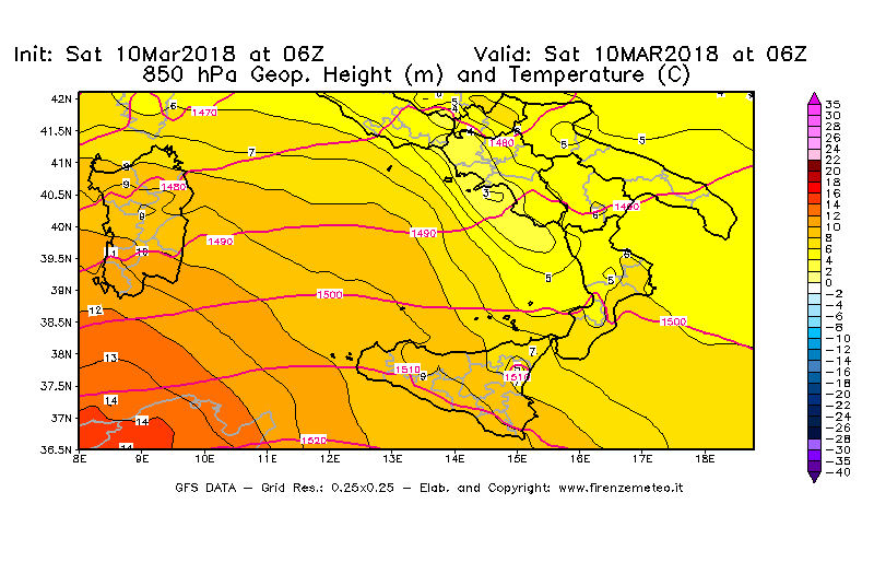 Mappa di analisi GFS - Geopotenziale [m] e Temperatura [°C] a 850 hPa in Sud-Italia
							del 10/03/2018 06 <!--googleoff: index-->UTC<!--googleon: index-->