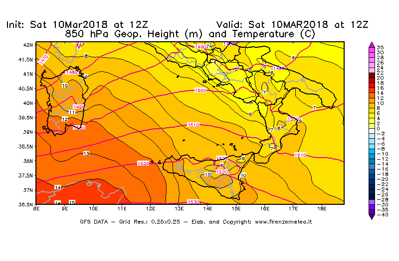 Mappa di analisi GFS - Geopotenziale [m] e Temperatura [°C] a 850 hPa in Sud-Italia
							del 10/03/2018 12 <!--googleoff: index-->UTC<!--googleon: index-->