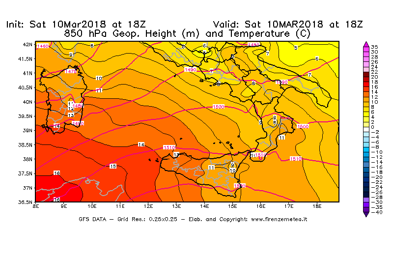 Mappa di analisi GFS - Geopotenziale [m] e Temperatura [°C] a 850 hPa in Sud-Italia
							del 10/03/2018 18 <!--googleoff: index-->UTC<!--googleon: index-->