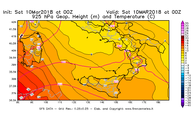 Mappa di analisi GFS - Geopotenziale [m] e Temperatura [°C] a 925 hPa in Sud-Italia
							del 10/03/2018 00 <!--googleoff: index-->UTC<!--googleon: index-->